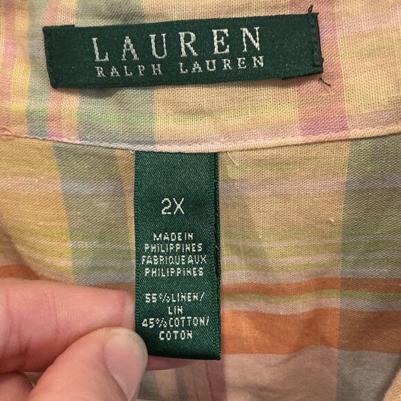 Lauren Ralph Lauren Women Linen Blend Button Up Shirt Sz 2X Yellow Plaid Classic - Picture 2 of 6